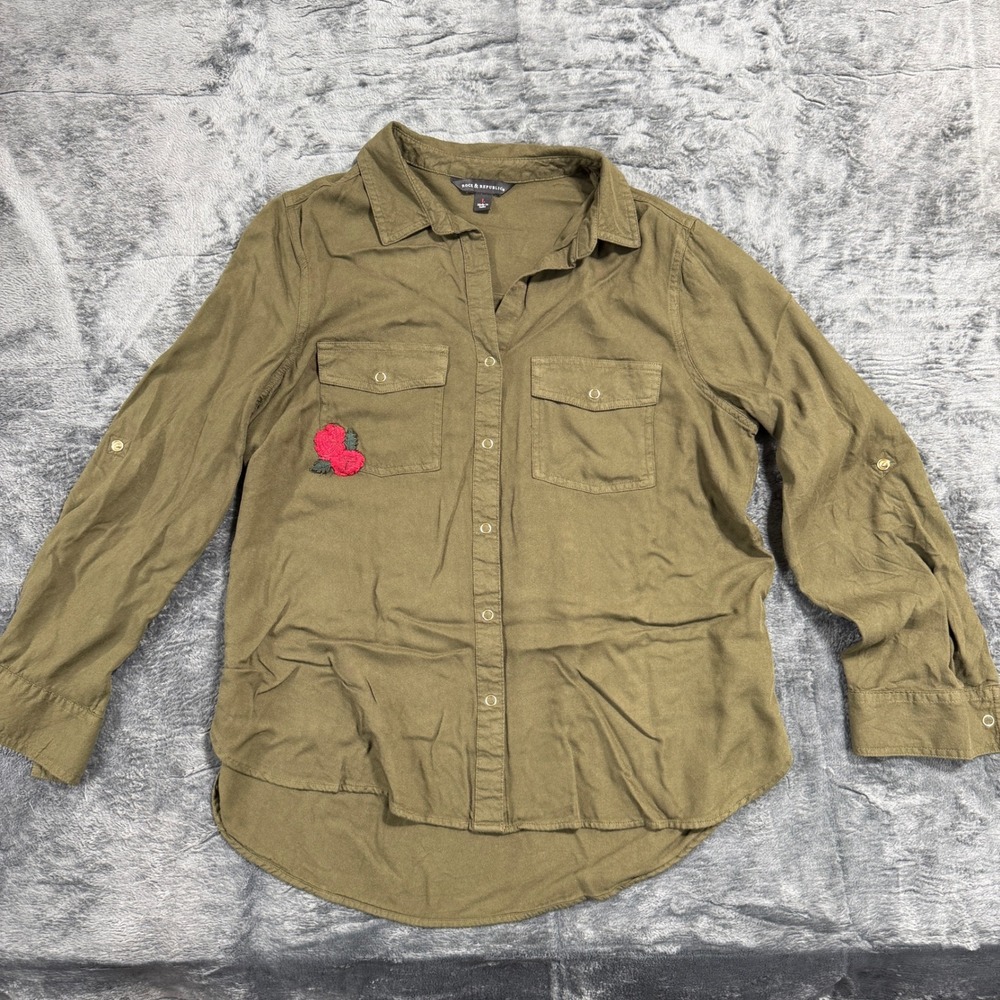 Rock & Republic Button Down Women L Olive Green Floral Embroidery BTRSWT OLV